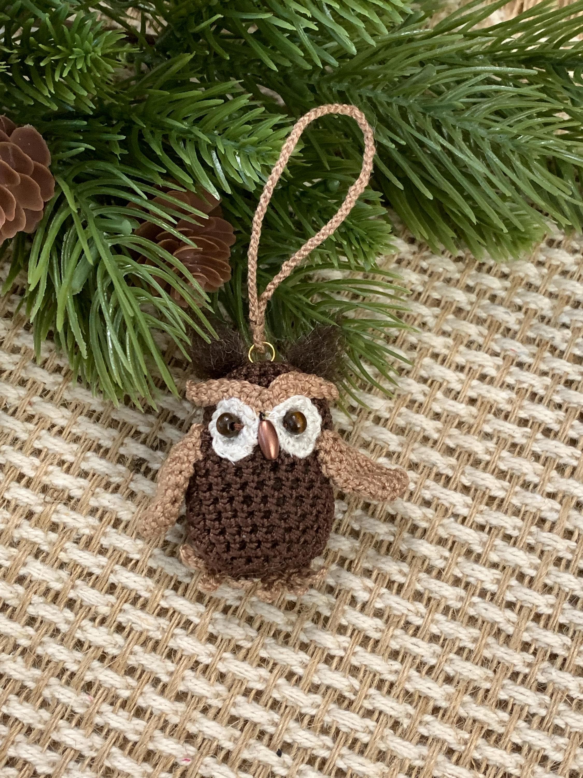 Handmade Amigurumi Owl Ornament – 2” Crochet Woodland Bird with Wooden Bead Eyes and Needle Felted Tufts