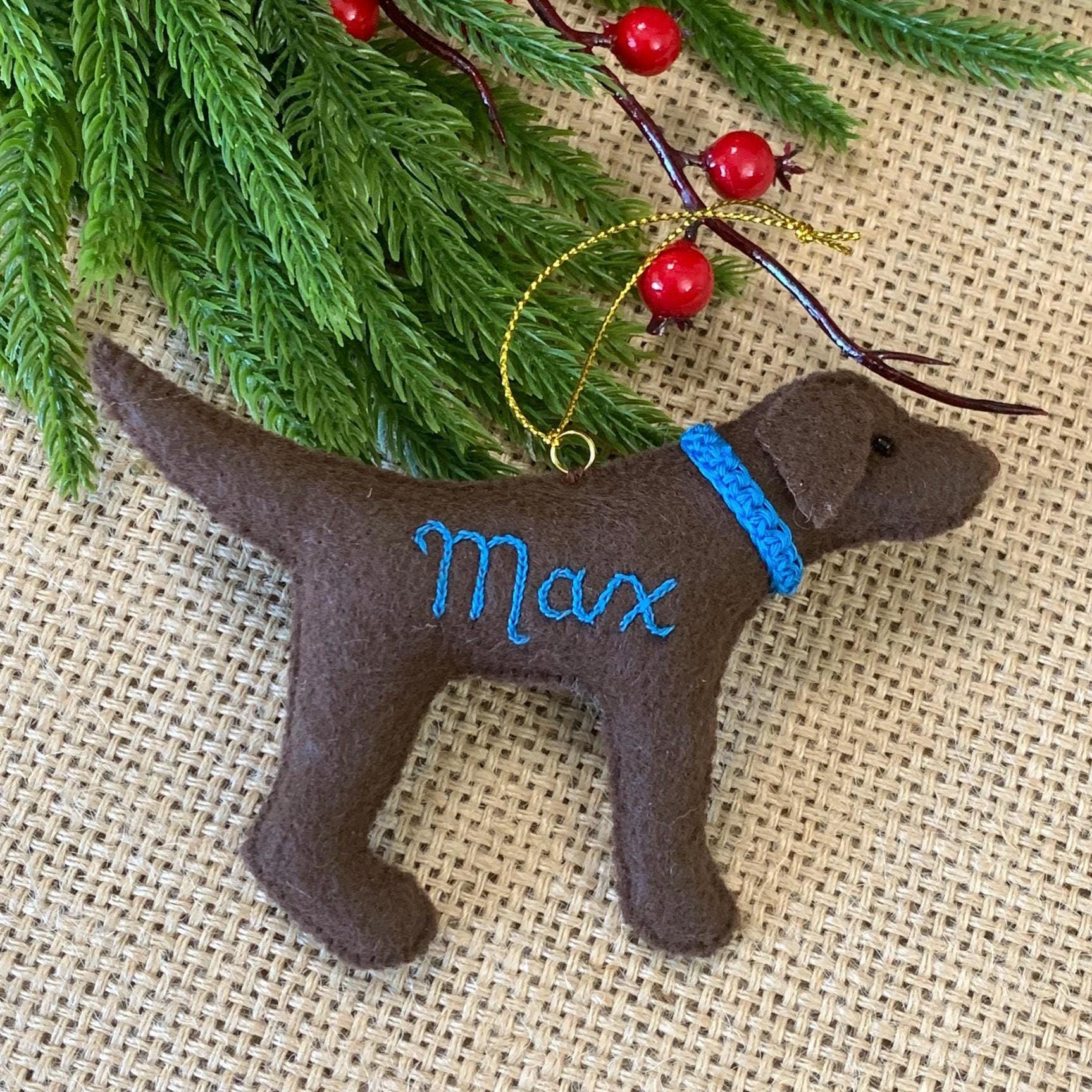 Personalized Chocolate Lab Ornament with a crochet collar