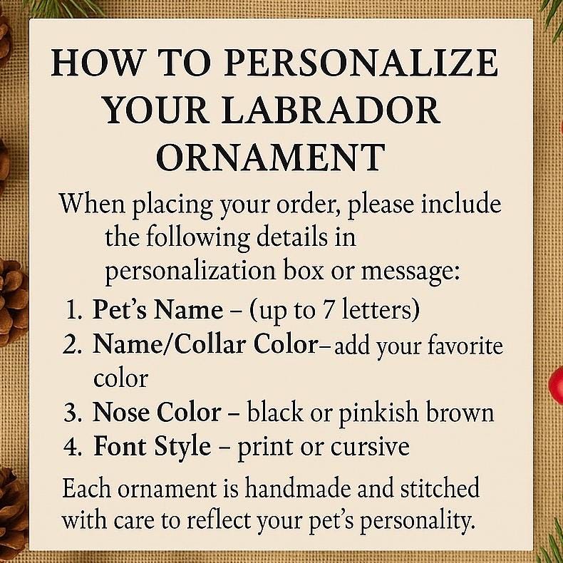 Personalized Chocolate Lab Ornament with a crochet collar