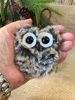 Load image into Gallery viewer, Set of 2 Handmade Fuzzy Owl Ornaments – 3” Flat Owls with Crochet Hangers

