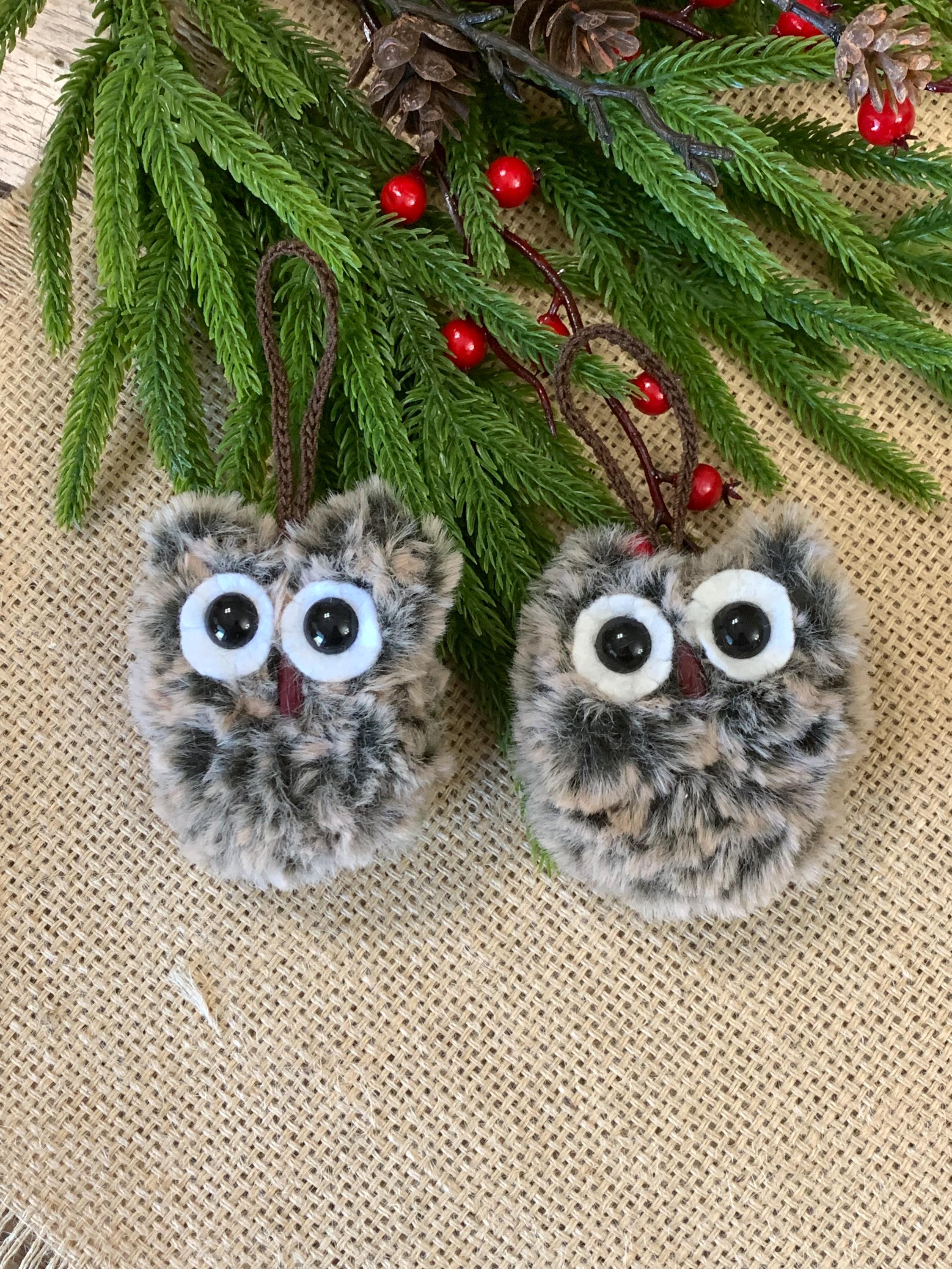 Set of 2 Handmade Fuzzy Owl Ornaments – 3” Flat Owls with Crochet Hangers