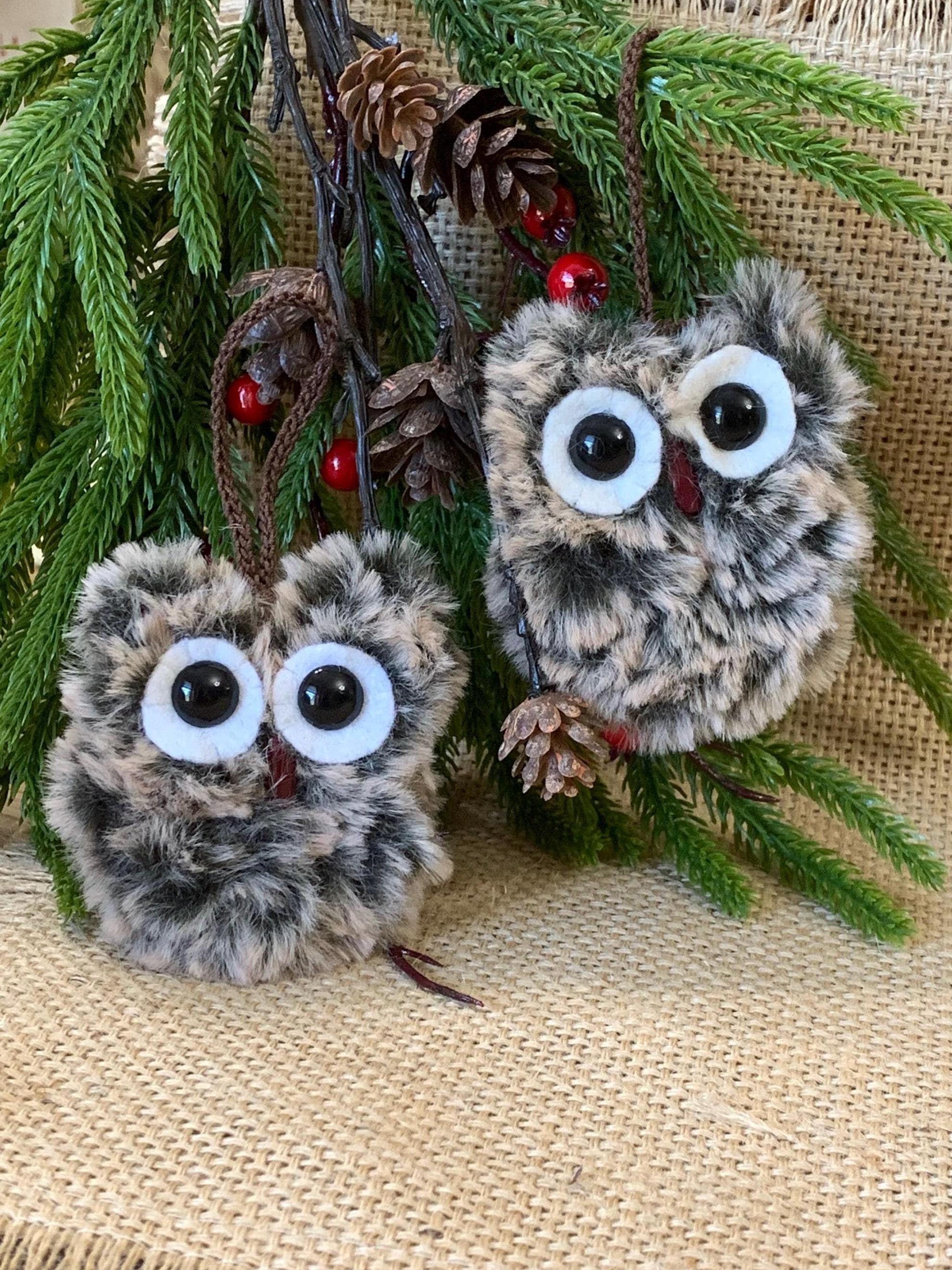 Set of 2 Handmade Fuzzy Owl Ornaments – 3” Flat Owls with Crochet Hangers