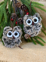 Load image into Gallery viewer, Set of 2 Handmade Fuzzy Owl Ornaments – 3” Flat Owls with Crochet Hangers
