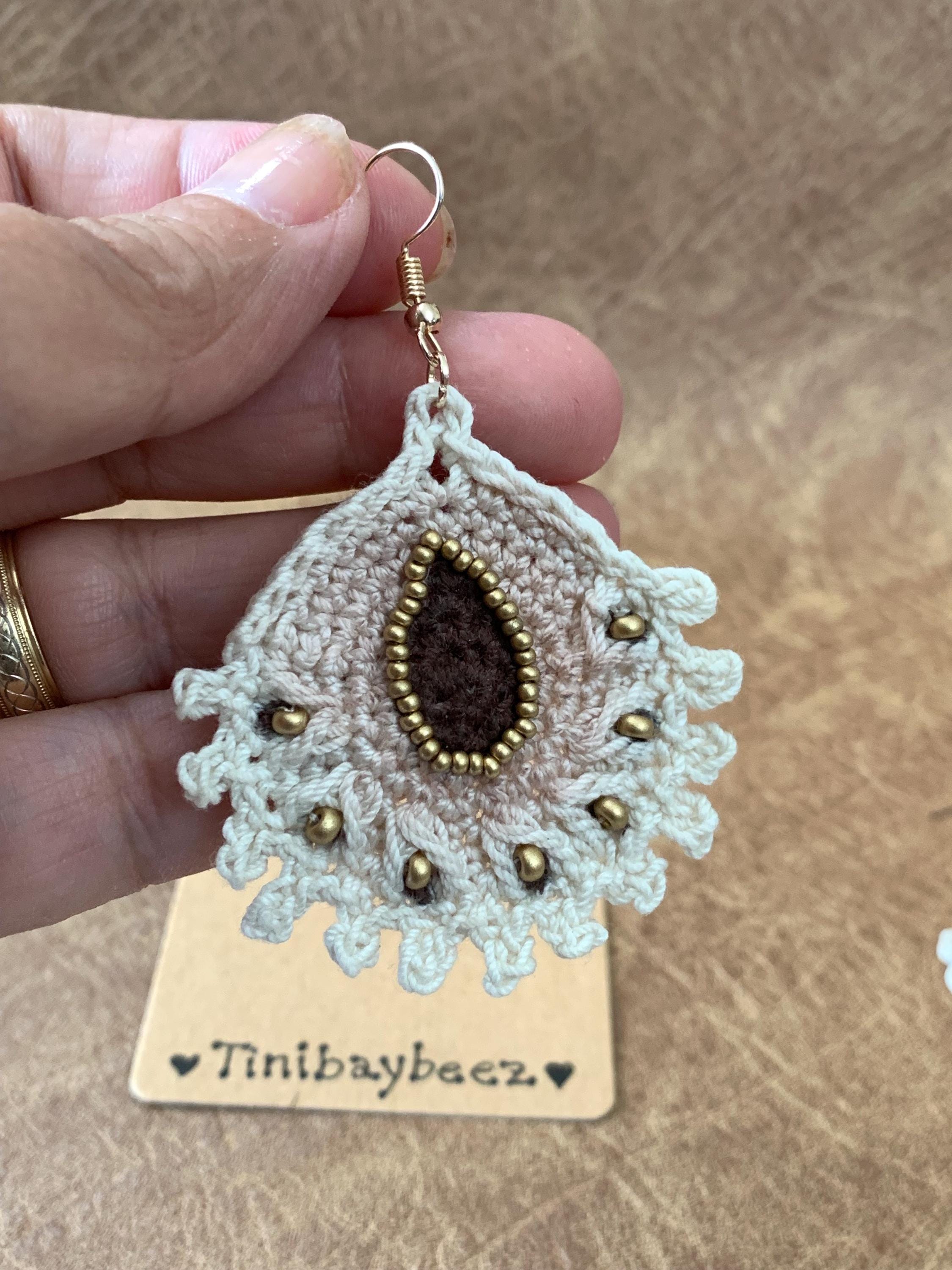 Handmade Crochet Teardrop Earrings with Gold Beads – Boho Statement Jewelry