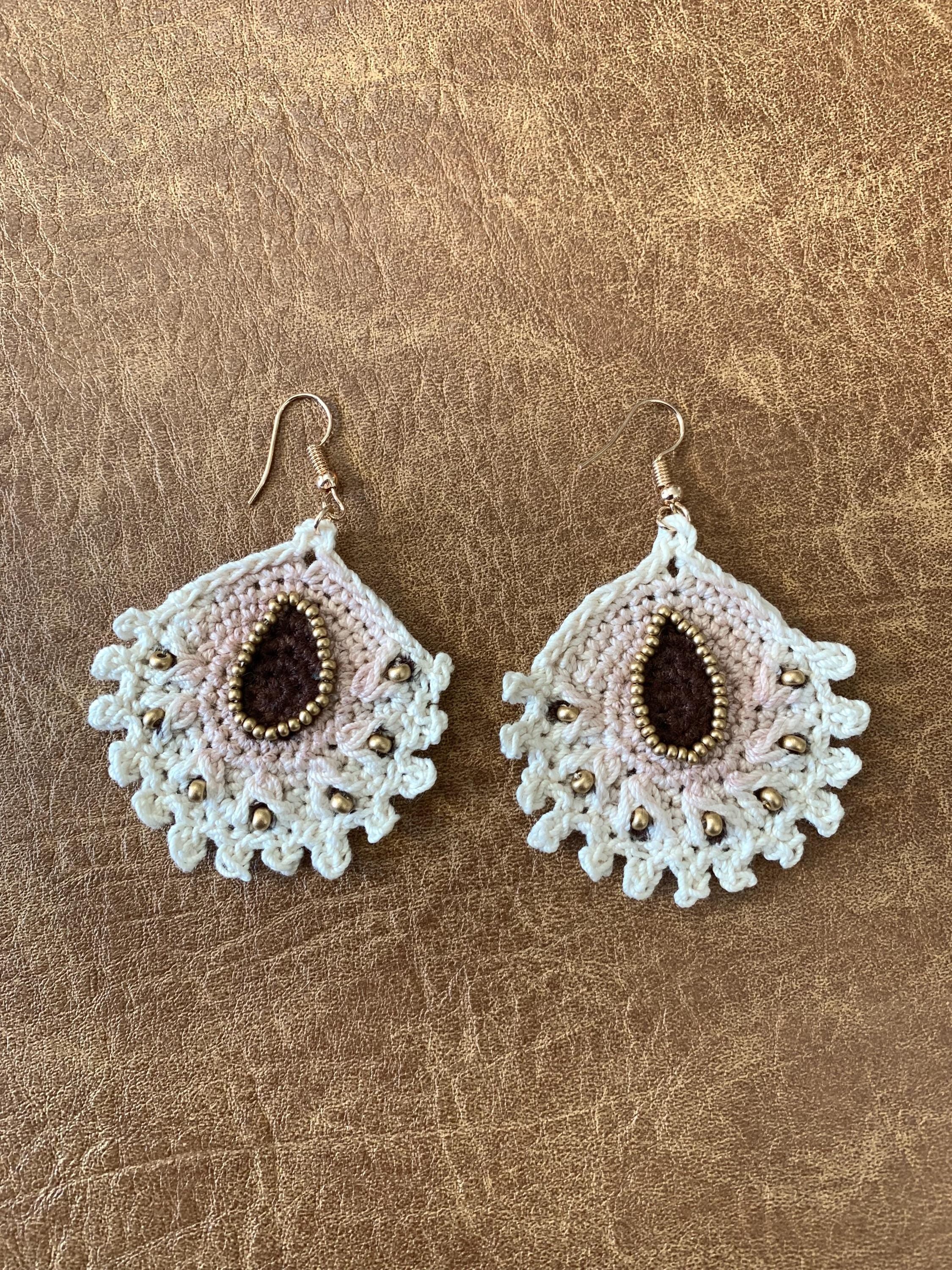 Handmade Crochet Teardrop Earrings with Gold Beads – Boho Statement Jewelry
