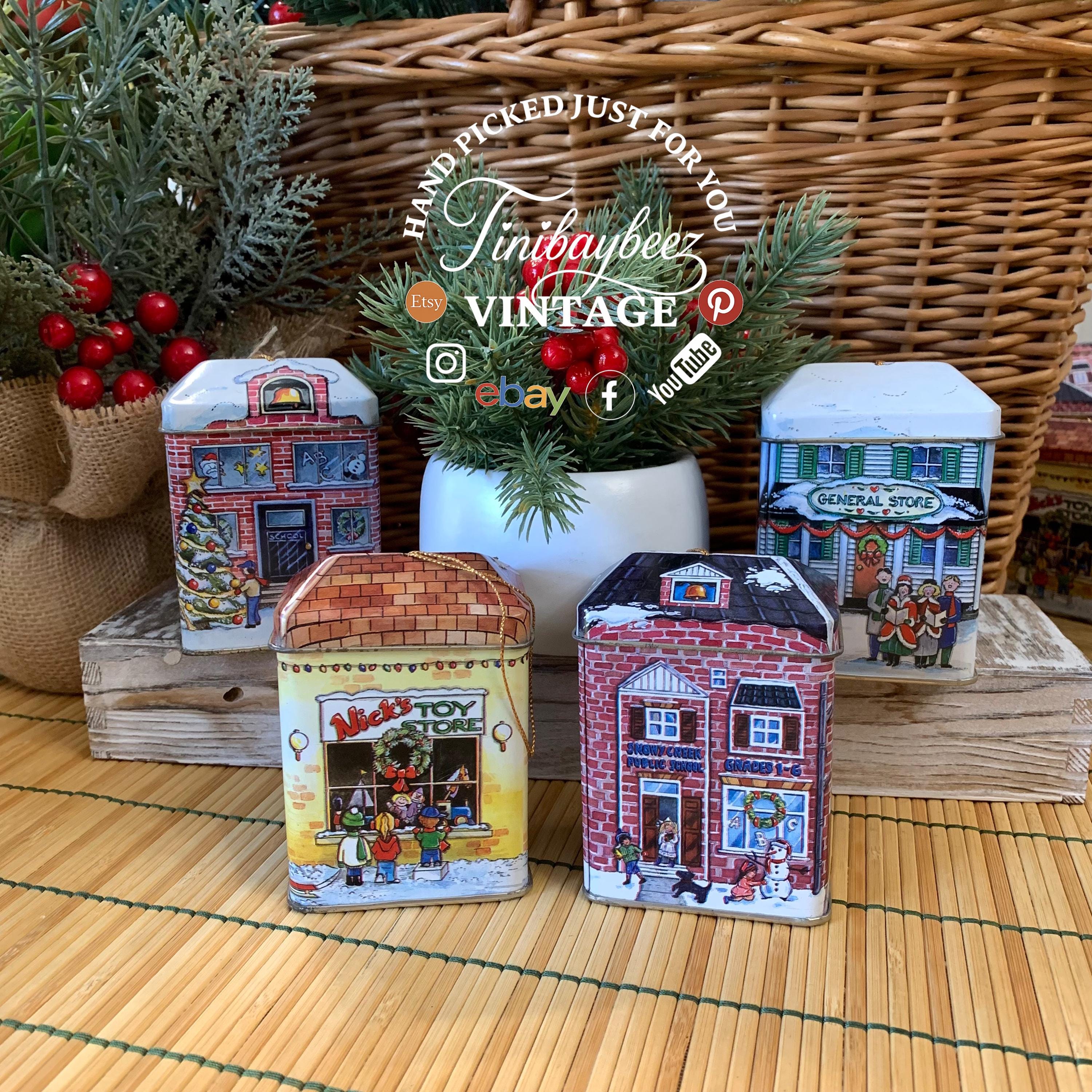 Vintage Tin Box Company Christmas Village Tins – Set of 4 (Toy Store, Snowy Creek Public School, Red Brick Schoolhouse, General Store)