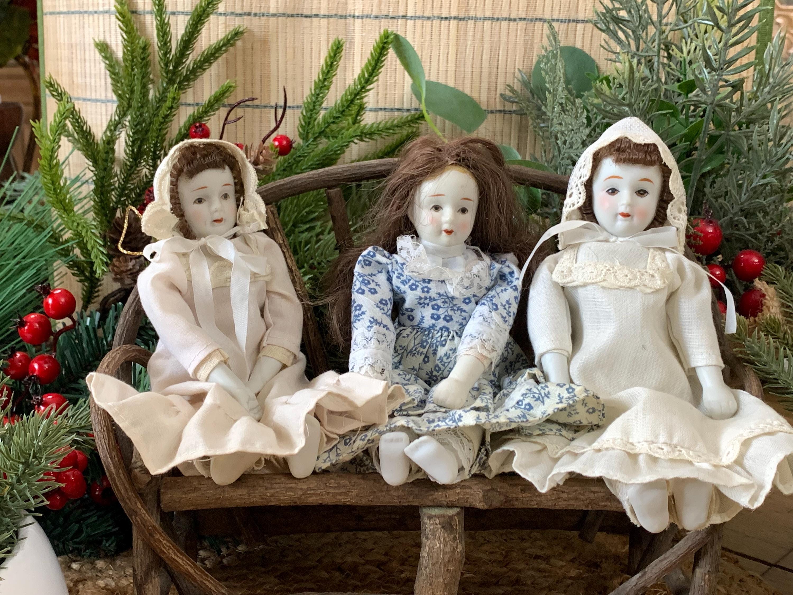 Set of 3 Porcelain Hanging Dolls – Vintage-Style Decorative Reproduction Dolls