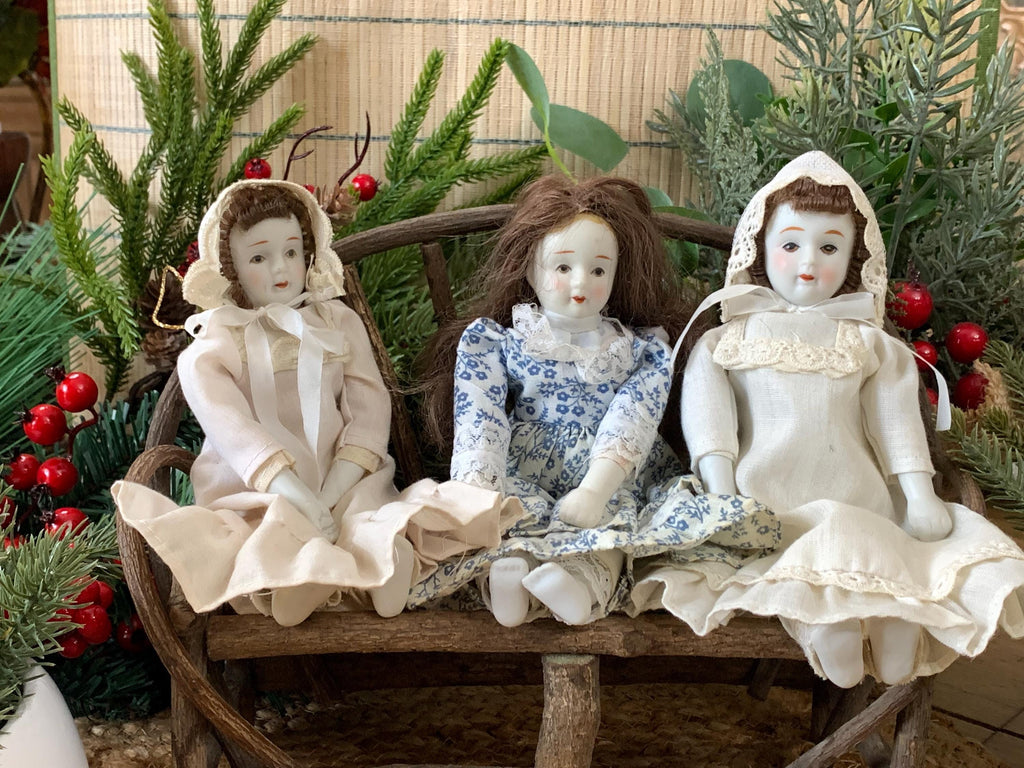 Set of 3 Porcelain Hanging Dolls – Vintage-Style Decorative Reproduction Dolls