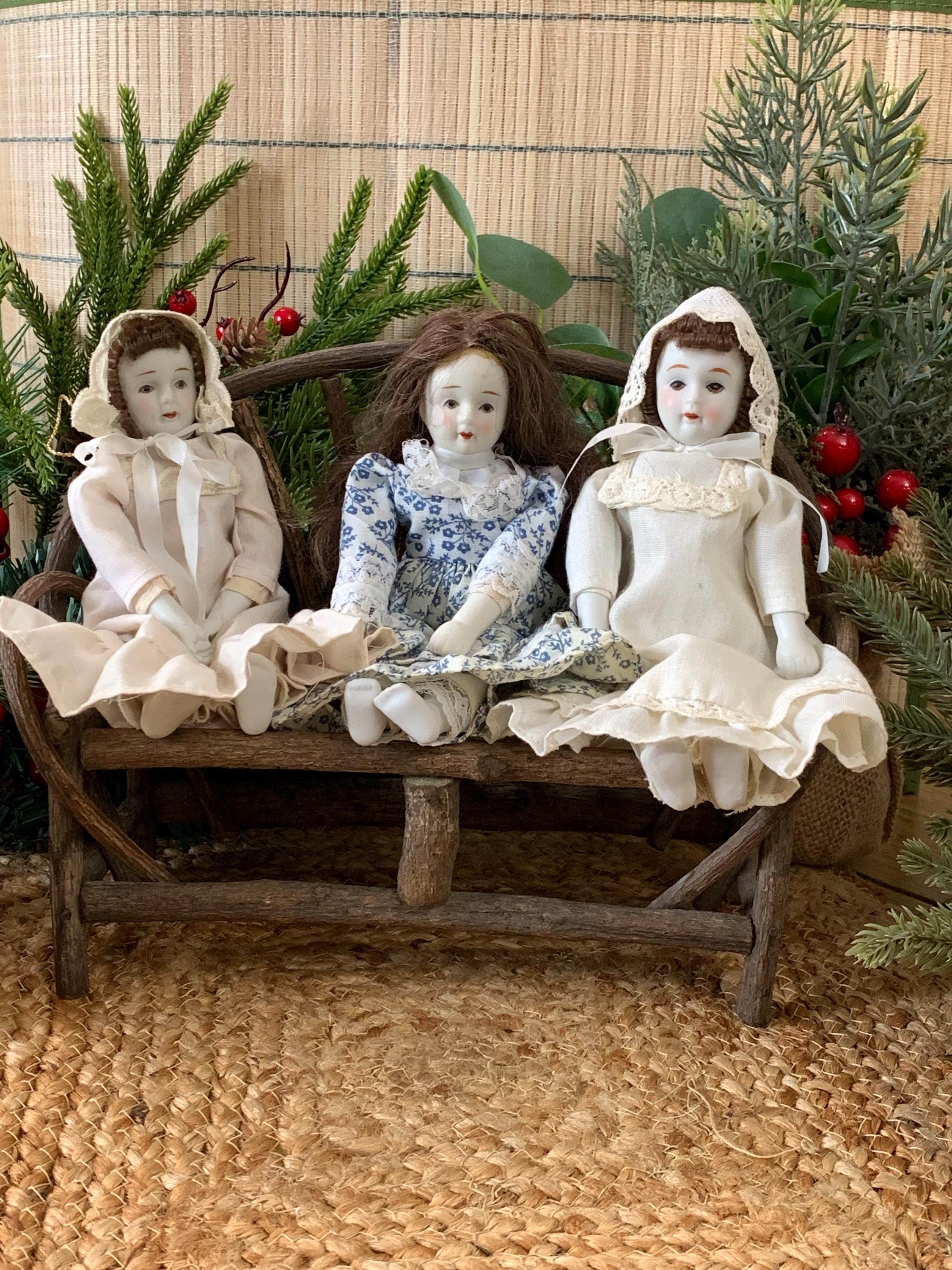 Set of 3 Porcelain Hanging Dolls – Vintage-Style Decorative Reproduction Dolls
