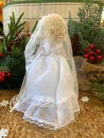 Load image into Gallery viewer, Vintage 8” Porcelain Bride Doll - Blonde Curly Hair, Lace Wedding Dress with Veil, Bouquet &amp; Stand - Collectible Wedding Doll
