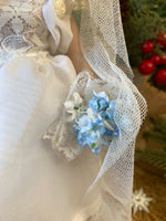 Load image into Gallery viewer, Vintage 8” Porcelain Bride Doll - Blonde Curly Hair, Lace Wedding Dress with Veil, Bouquet &amp; Stand - Collectible Wedding Doll
