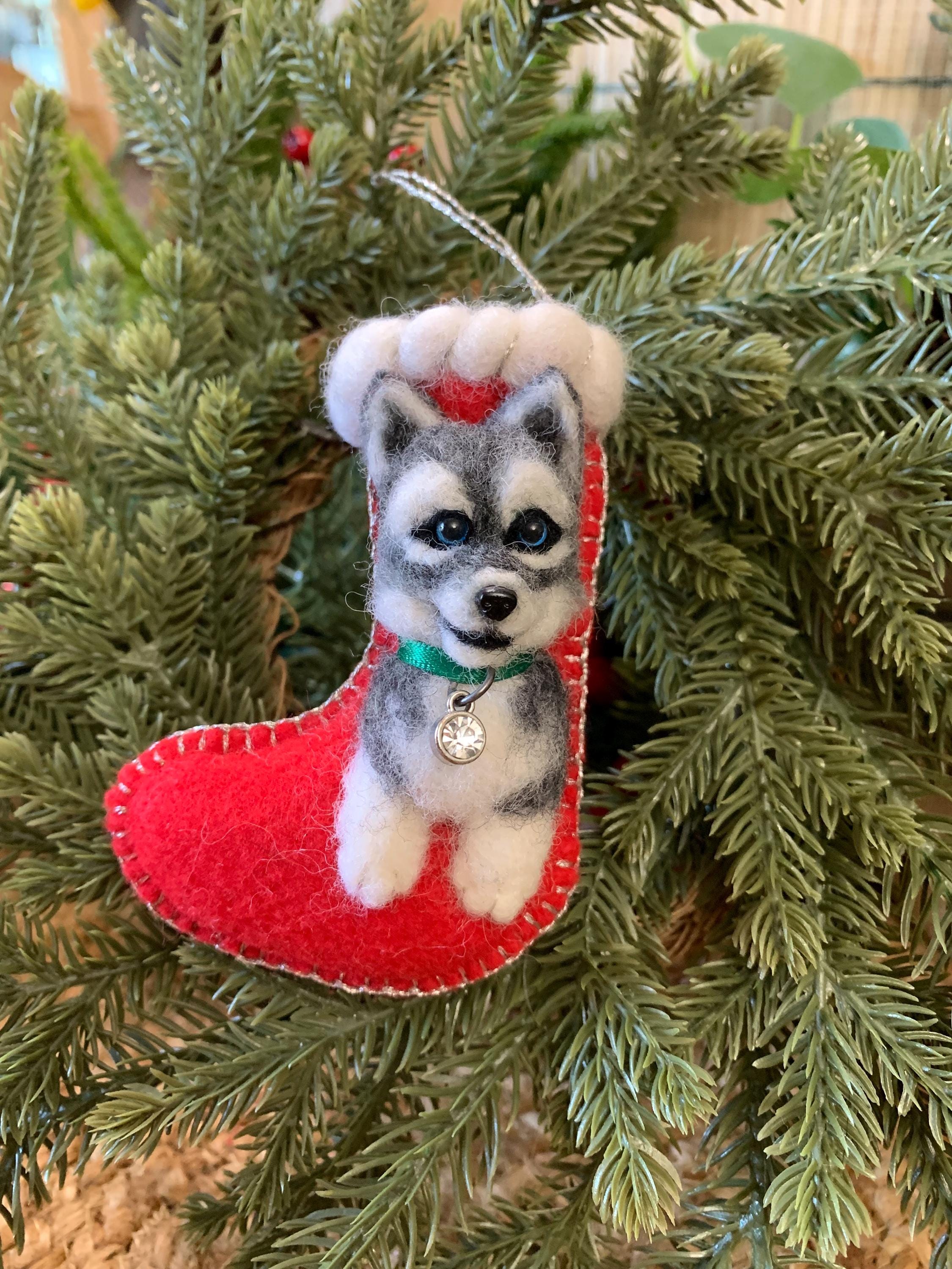 Needle Felted Husky Puppy Stocking Ornament