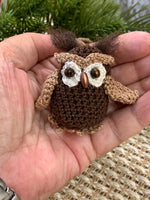 Load image into Gallery viewer, Handmade Amigurumi Owl Ornament – 2” Crochet Woodland Bird with Wooden Bead Eyes and Needle Felted Tufts
