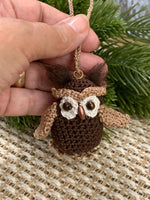 Load image into Gallery viewer, Handmade Amigurumi Owl Ornament – 2” Crochet Woodland Bird with Wooden Bead Eyes and Needle Felted Tufts
