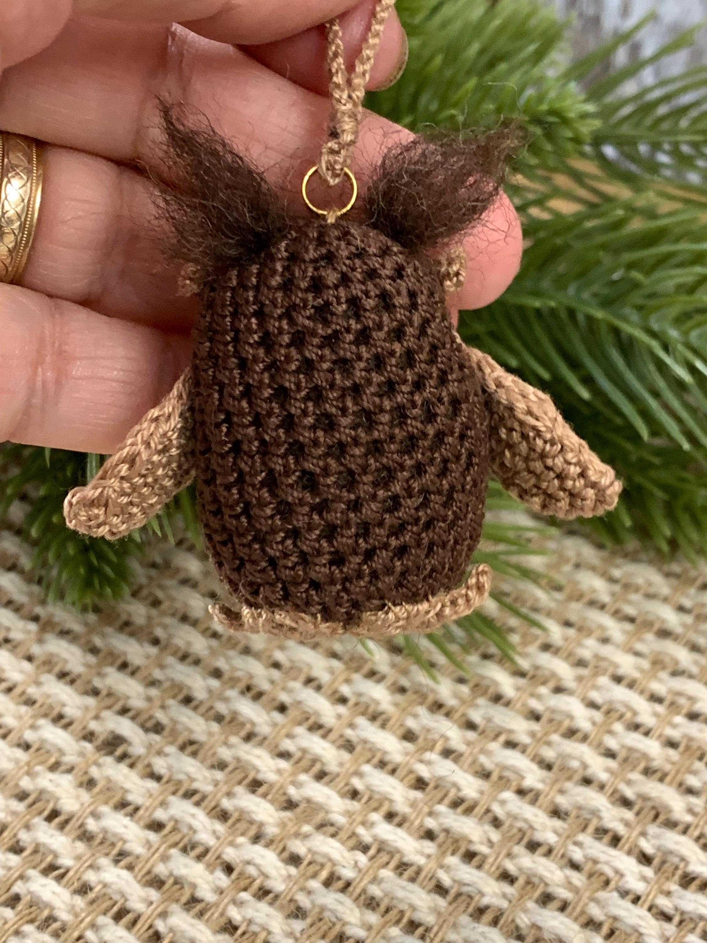 Handmade Amigurumi Owl Ornament – 2” Crochet Woodland Bird with Wooden Bead Eyes and Needle Felted Tufts