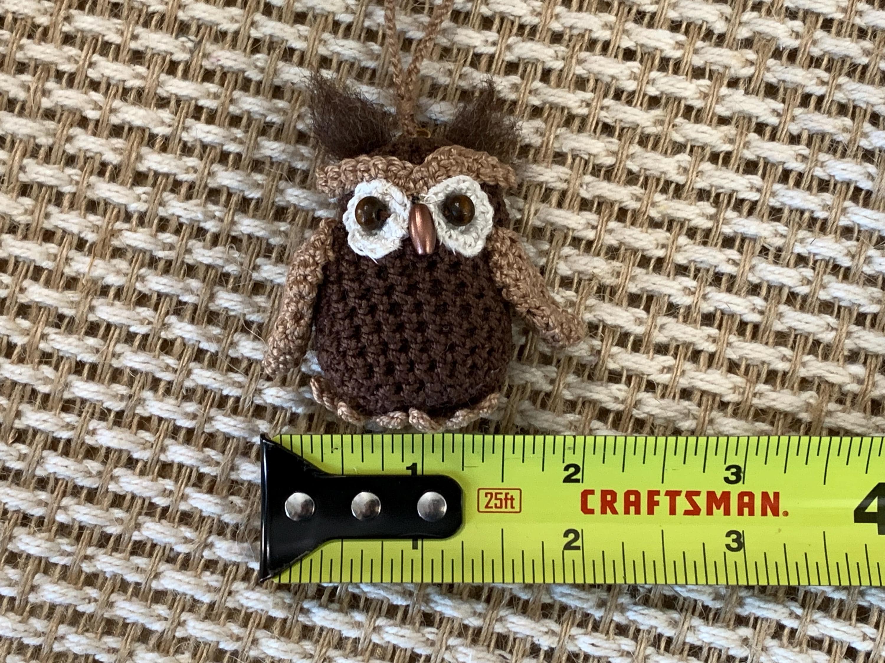 Handmade Amigurumi Owl Ornament – 2” Crochet Woodland Bird with Wooden Bead Eyes and Needle Felted Tufts