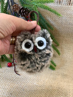 Load image into Gallery viewer, Set of 2 Handmade Fuzzy Owl Ornaments – 3” Flat Owls with Crochet Hangers
