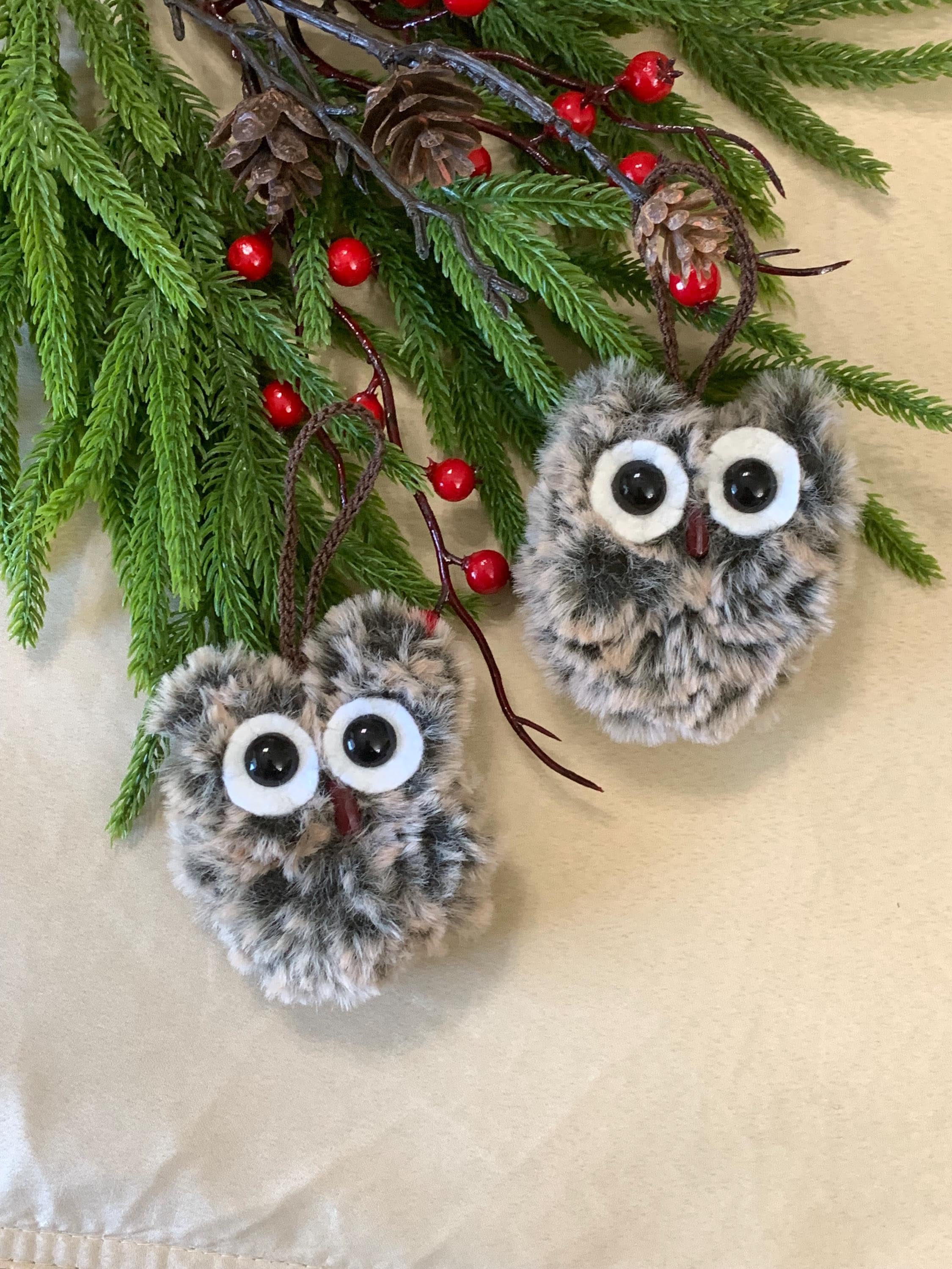 Set of 2 Handmade Fuzzy Owl Ornaments – 3” Flat Owls with Crochet Hangers