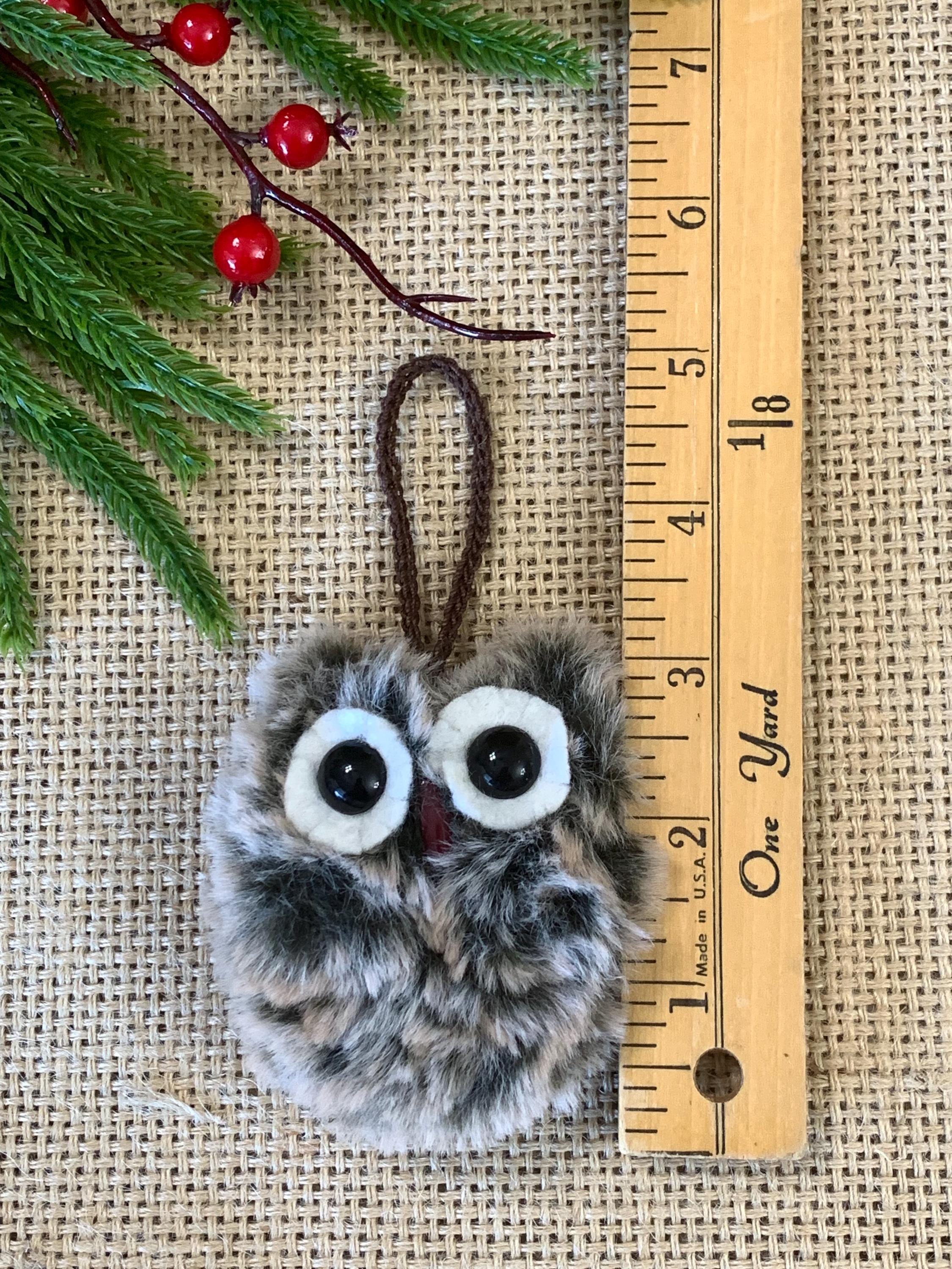 Set of 2 Handmade Fuzzy Owl Ornaments – 3” Flat Owls with Crochet Hangers