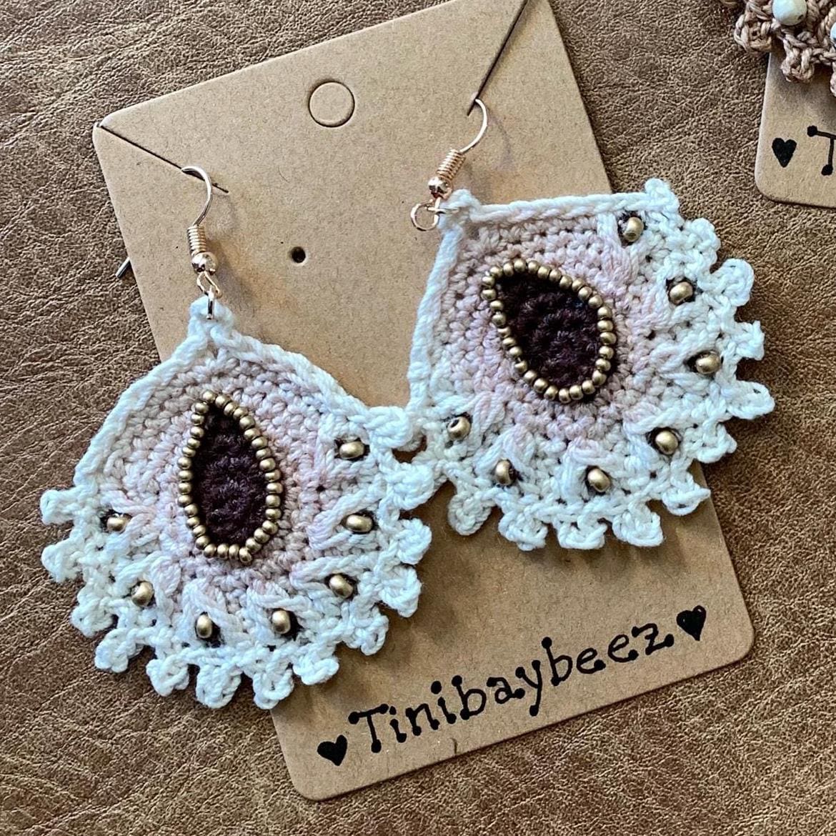 Handmade Crochet Teardrop Earrings with Gold Beads – Boho Statement Jewelry