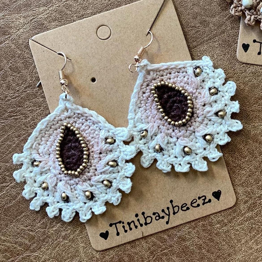 Handmade Crochet Teardrop Earrings with Gold Beads – Boho Statement Jewelry
