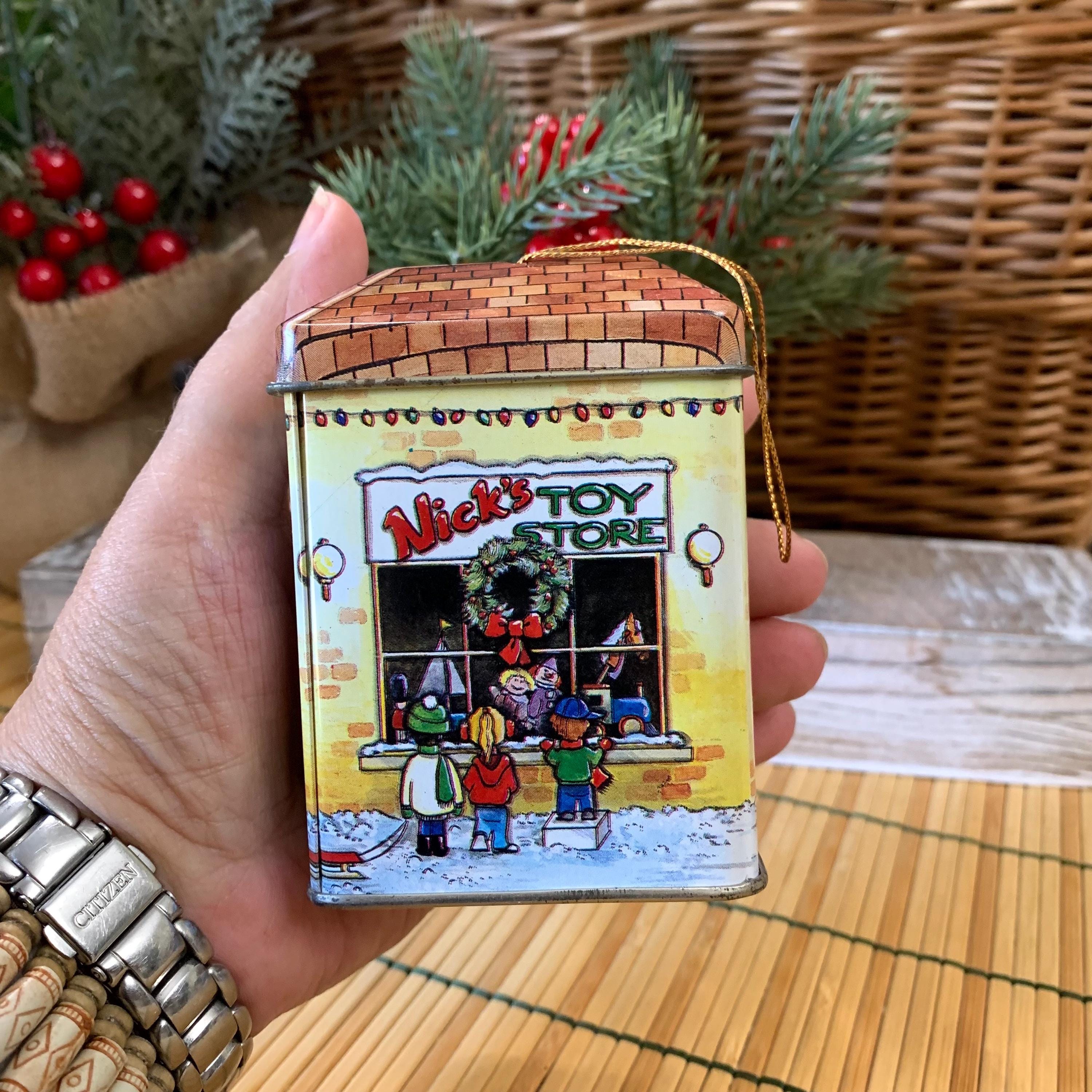 Vintage Tin Box Company Christmas Village Tins – Set of 4 (Toy Store, Snowy Creek Public School, Red Brick Schoolhouse, General Store)