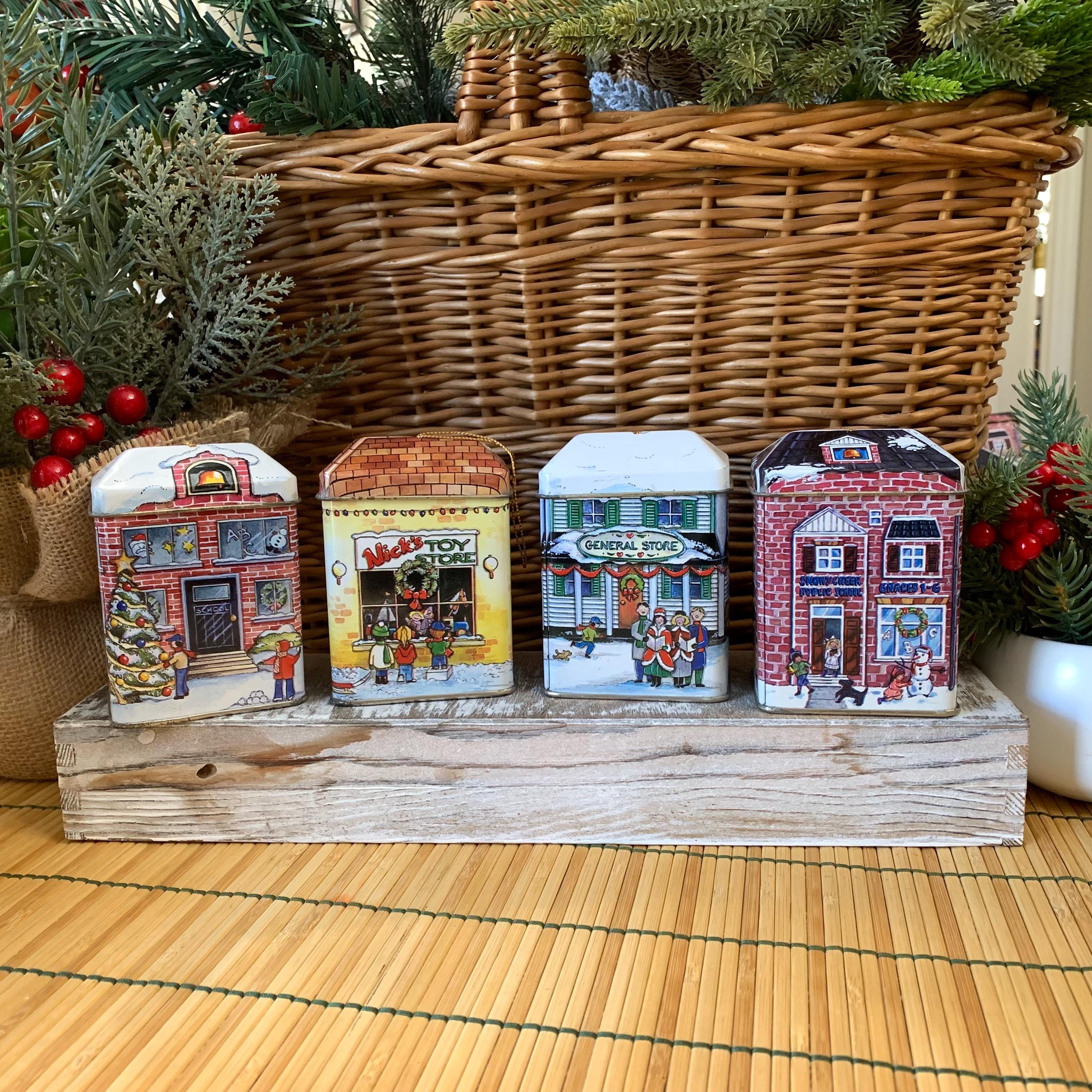 Vintage Tin Box Company Christmas Village Tins – Set of 4 (Toy Store, Snowy Creek Public School, Red Brick Schoolhouse, General Store)