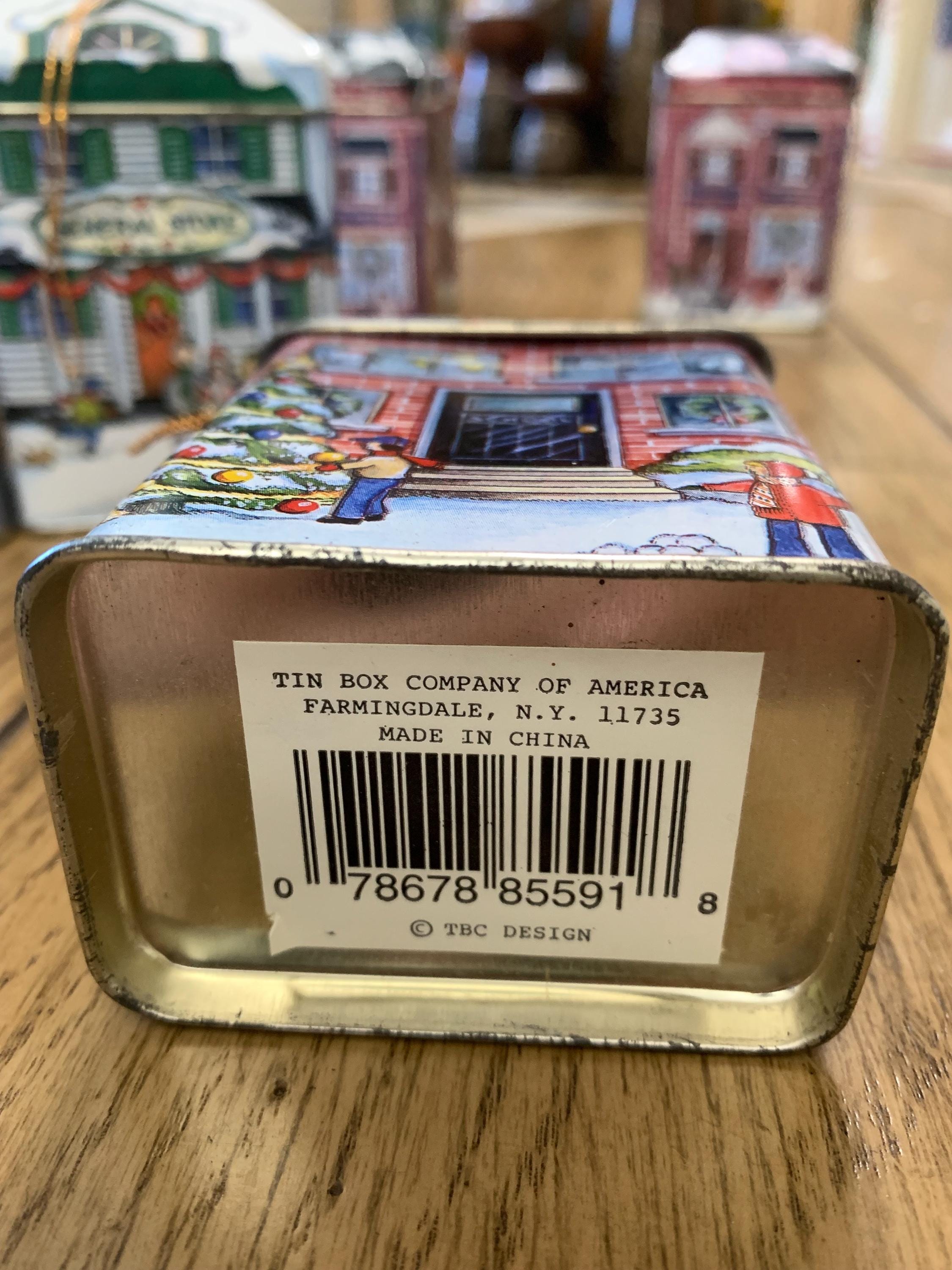 Vintage Tin Box Company Christmas Village Tins – Set of 4 (Toy Store, Snowy Creek Public School, Red Brick Schoolhouse, General Store)