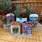Load image into Gallery viewer, Vintage Tin Box Company Christmas Village Tins – Set of 4 (Toy Store, Snowy Creek Public School, Red Brick Schoolhouse, General Store)
