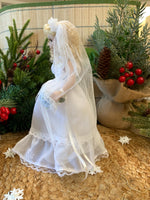Load image into Gallery viewer, Vintage 8” Porcelain Bride Doll - Blonde Curly Hair, Lace Wedding Dress with Veil, Bouquet &amp; Stand - Collectible Wedding Doll
