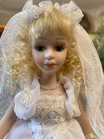 Load image into Gallery viewer, Vintage 8” Porcelain Bride Doll - Blonde Curly Hair, Lace Wedding Dress with Veil, Bouquet &amp; Stand - Collectible Wedding Doll
