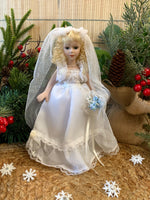 Load image into Gallery viewer, Vintage 8” Porcelain Bride Doll - Blonde Curly Hair, Lace Wedding Dress with Veil, Bouquet &amp; Stand - Collectible Wedding Doll
