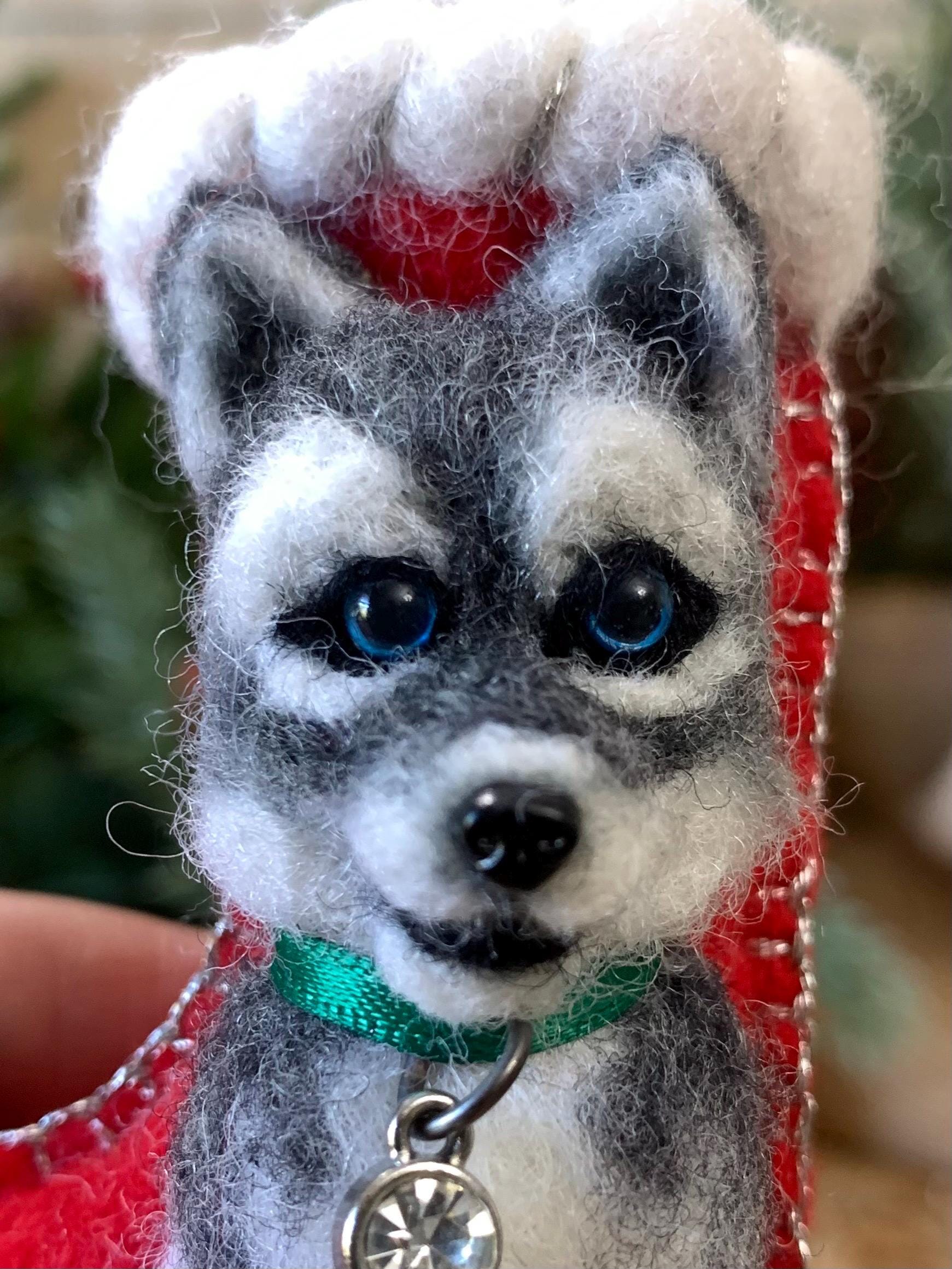 Needle Felted Husky Puppy Stocking Ornament
