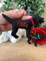 Load image into Gallery viewer, Personalized Black Lab Ornament with a crochet collar
