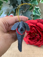 Load image into Gallery viewer, Personalized Silver Lab Ornament with a crochet collar
