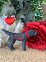 Load image into Gallery viewer, Personalized Silver Lab Ornament with a crochet collar
