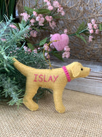 Load image into Gallery viewer, Personalized Yellow Lab Ornament with a crochet collar
