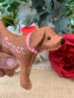 Load image into Gallery viewer, Personalized Red Fox Lab Ornament with a crochet collar
