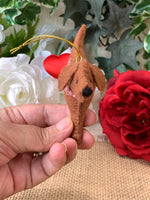 Load image into Gallery viewer, Personalized Red Fox Lab Ornament with a crochet collar
