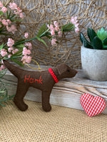 Load image into Gallery viewer, Personalized Chocolate Lab Ornament with a crochet collar
