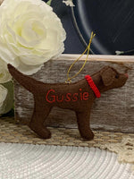 Load image into Gallery viewer, Personalized Chocolate Lab Ornament with a crochet collar
