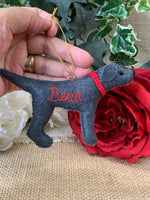 Load image into Gallery viewer, Personalized Silver Lab Ornament with a crochet collar
