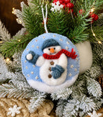 Load image into Gallery viewer, Hand Stitched Round Needle Felted Snowman Ornament - 3.5 Inch Embroidered Christmas Ornament with Tiny Rhinestones
