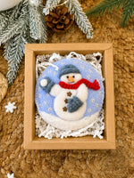Load image into Gallery viewer, Hand Stitched Round Needle Felted Snowman Ornament - 3.5 Inch Embroidered Christmas Ornament with Tiny Rhinestones

