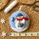 Load image into Gallery viewer, Hand Stitched Round Needle Felted Snowman Ornament - 3.5 Inch Embroidered Christmas Ornament with Tiny Rhinestones
