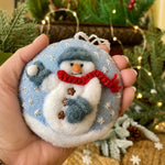 Load image into Gallery viewer, Hand Stitched Round Needle Felted Snowman Ornament - 3.5 Inch Embroidered Christmas Ornament with Tiny Rhinestones
