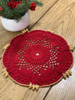 Load image into Gallery viewer, Handmade Crochet Christmas Doily Set, Red and Gold Poinsettia Tea Light Holder, Holiday Table Decor
