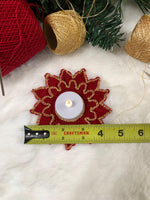 Load image into Gallery viewer, Handmade Crochet Poinsettia Tea Light Holder – Cardinal Red and Gold Table Decor
