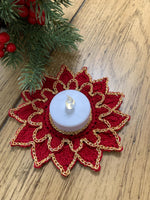Load image into Gallery viewer, Handmade Crochet Christmas Doily Set, Red and Gold Poinsettia Tea Light Holder, Holiday Table Decor
