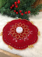 Load image into Gallery viewer, Handmade Crochet Christmas Doily Set, Red and Gold Poinsettia Tea Light Holder, Holiday Table Decor
